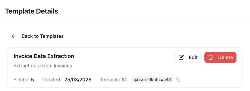 ParserBee Template Details page showing the Invoice Data Extraction template with 5 fields, created 25 March 2026, and its Template ID