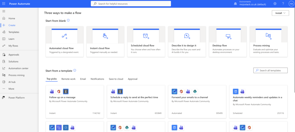 Microsoft Power Automate Create page showing options to start a flow from blank including Automated cloud flow, Instant cloud flow, Desktop flow, and flow templates