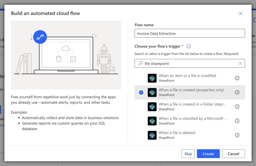 Power Automate Build an automated cloud flow dialog with flow name set to Invoice Data Extraction and SharePoint When a file is created trigger selected