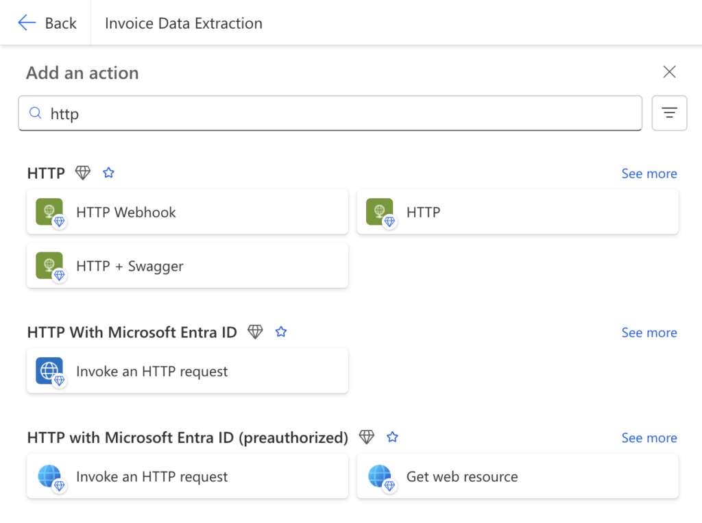 Power Automate Add an action panel with HTTP connector search results showing HTTP, HTTP Webhook, HTTP plus Swagger and HTTP With Microsoft Entra ID options