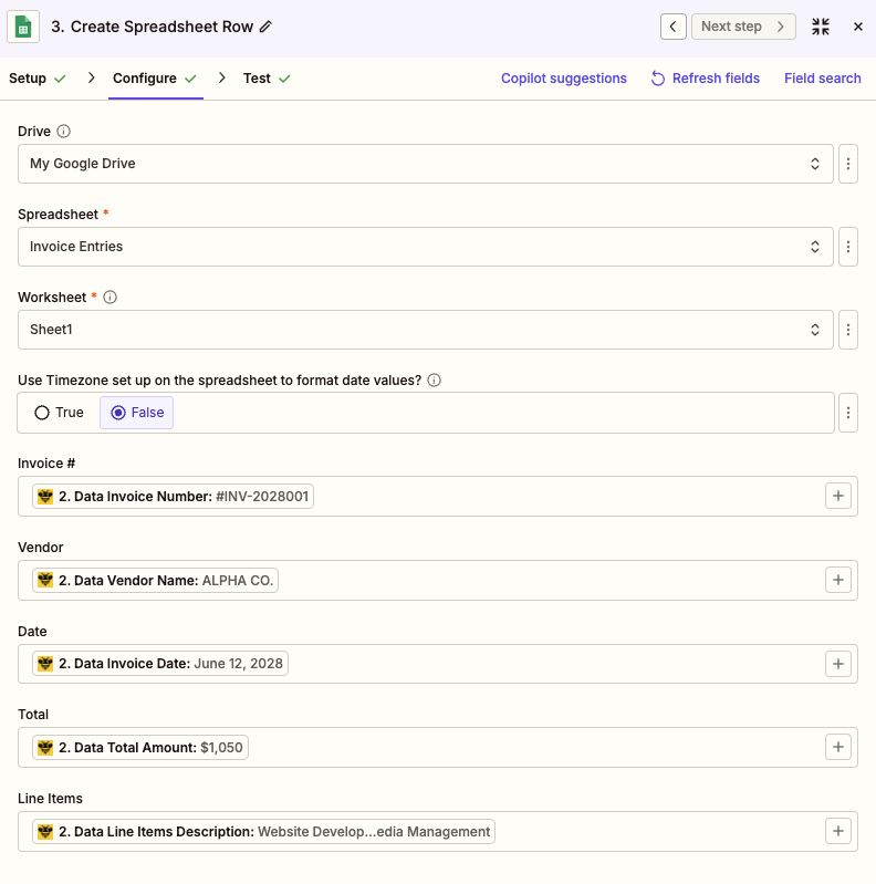 Zapier Google Sheets action with ParserBee fields mapped to invoice number, vendor, date and total columns