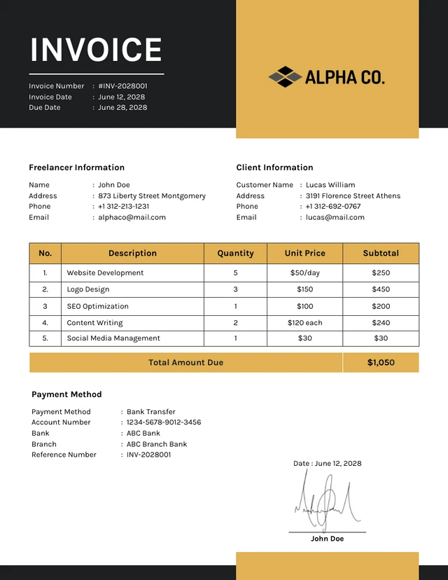 Sample invoice PDF from Alpha Co. showing invoice number INV-2028001 with line items and the total amount due
