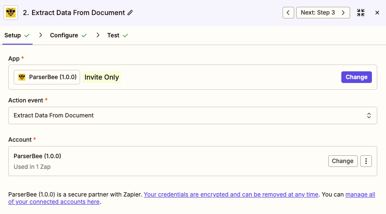 Zapier action step showing ParserBee 1.0.0 app selected with Extract Data From Document action event configured