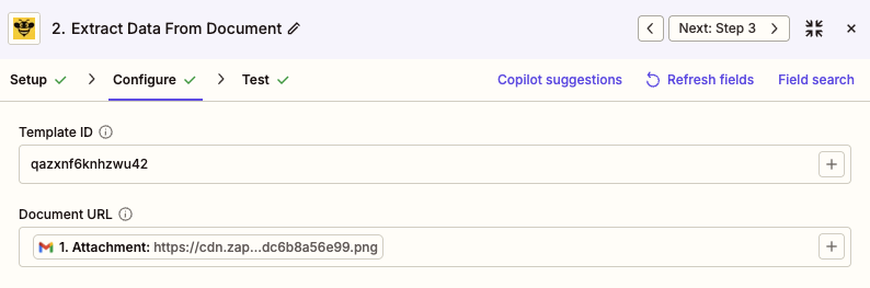 Zapier ParserBee action configuration tab showing Template ID field and Document URL mapped to Gmail attachment