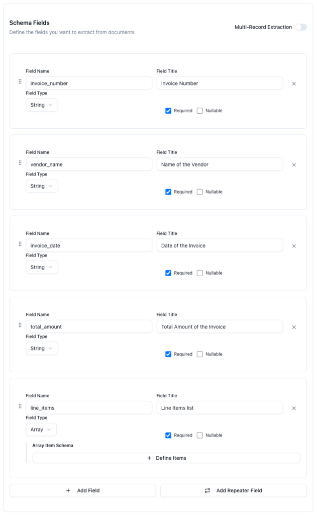 ParserBee Parser Template builder with invoice fields: vendor name, invoice date, total amount and line items