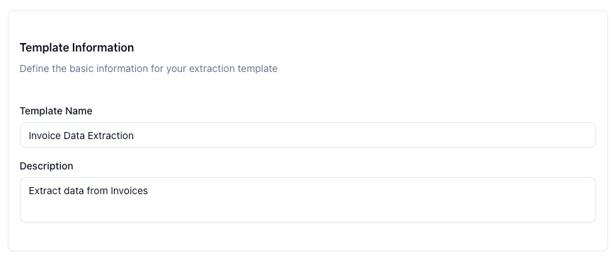 ParserBee dashboard showing the Template Information form with Template Name set to Invoice Data Extraction
