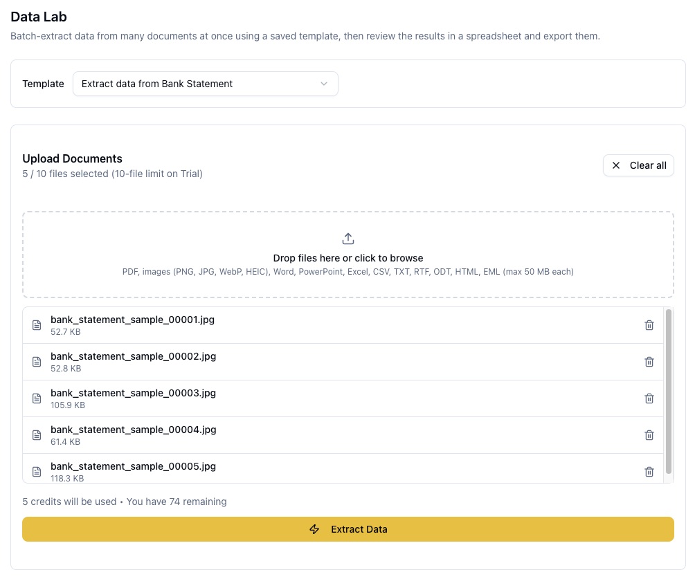 Bulk document data extraction in ParserBee's Data Lab: a bank statement template selected, a batch of uploaded documents processing with a live progress bar, and extracted data filling a spreadsheet below