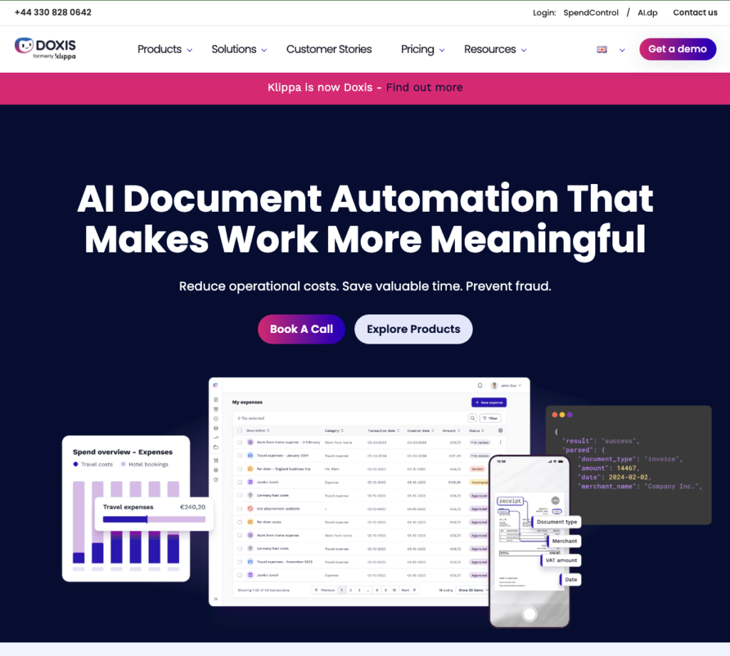 Doxis (formerly Klippa) homepage showing its document processing and spend control products