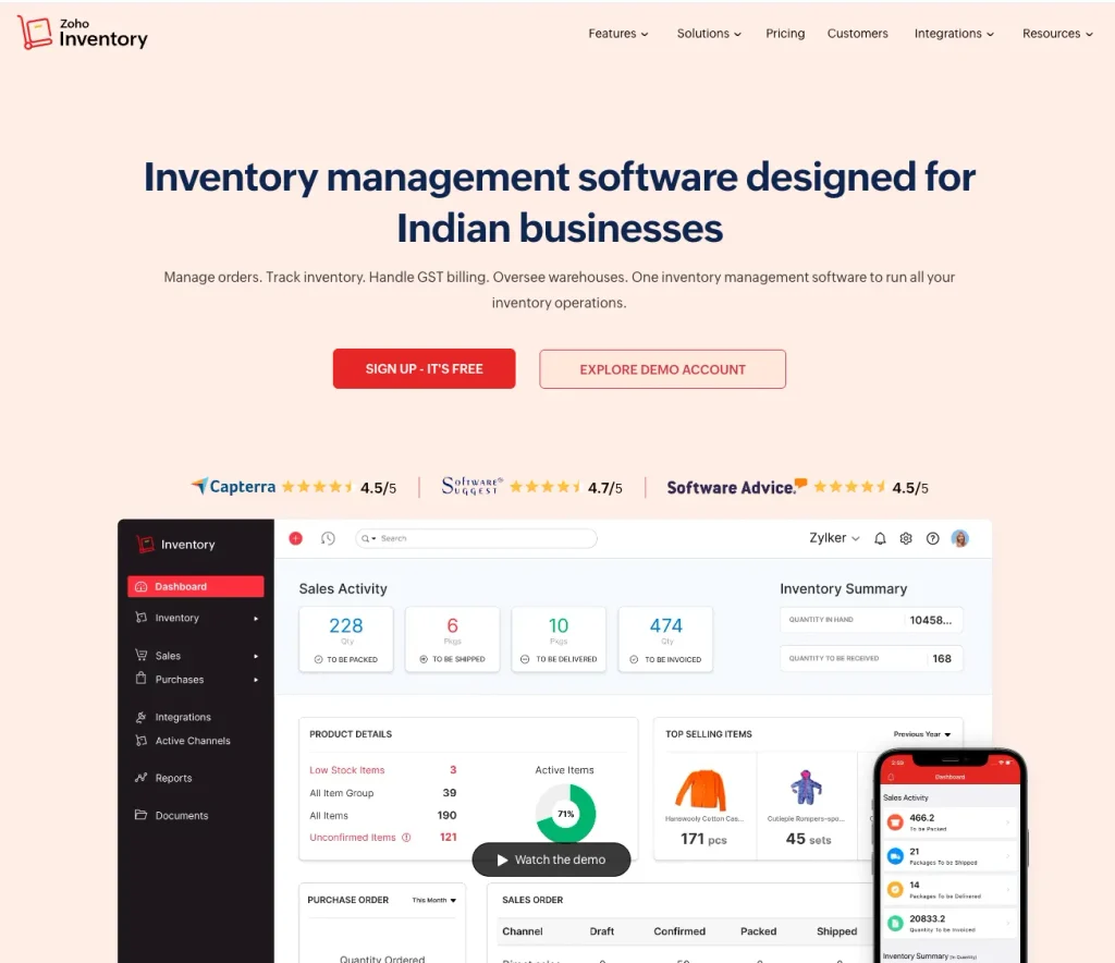 Zoho Inventory homepage showing order and inventory management